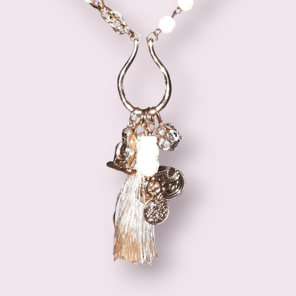 Buddha multi charm pendant gemstone bead goldtone necklace tassel Tribal - Picture 4 of 16